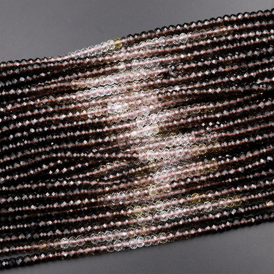 AAA Micro Faceted Multicolor Natural Smoky Quartz Rondelle Beads 4mm Laser Diamond Cut Gemstone 15.5" Strand