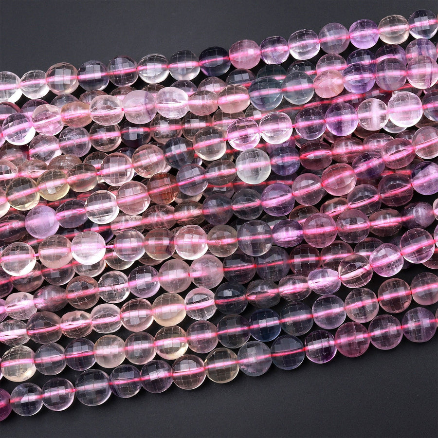 Faceted Natural Fluorite 10mm Coin Beads 15.5" Strand