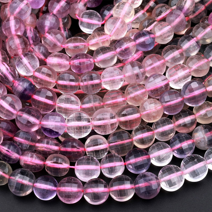 Faceted Natural Fluorite 10mm Coin Beads 15.5" Strand