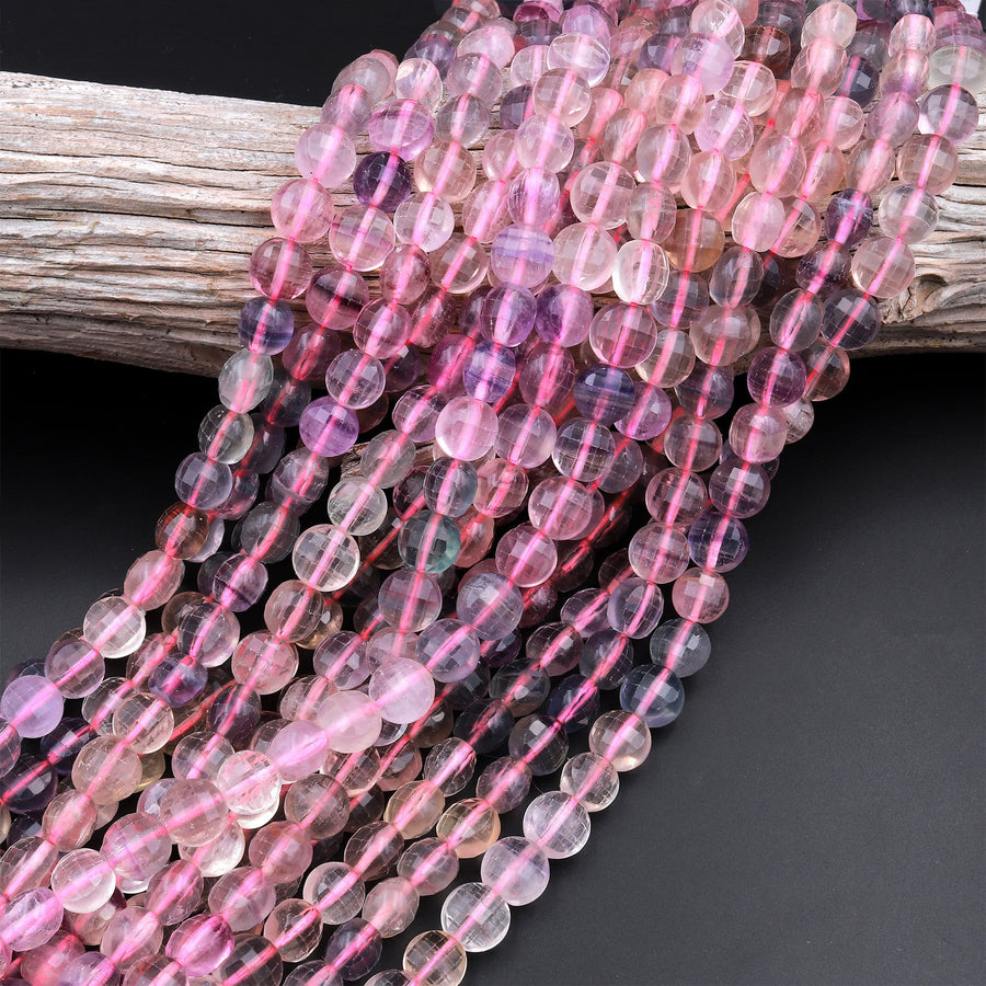 Faceted Natural Fluorite 10mm Coin Beads 15.5" Strand