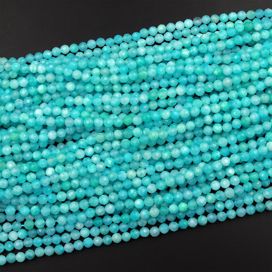AAA Peruvian Amazonite 2mm 3mm 4mm 6mm Faceted Round Beads Natural Sea Blue Gemstone Micro Laser Diamond Cut 15.5" Strand
