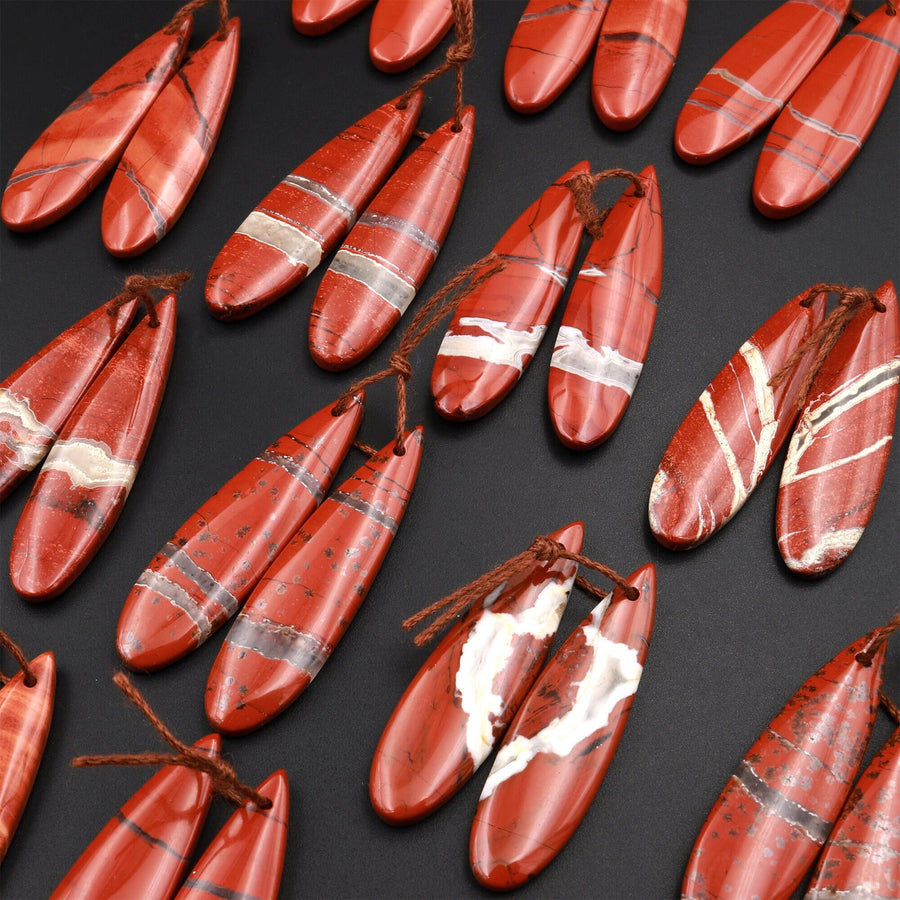 Natural Red River Jasper Teardrop Earring Pair Cabochon Cab Pair Drilled Matched Earrings Bead Pair