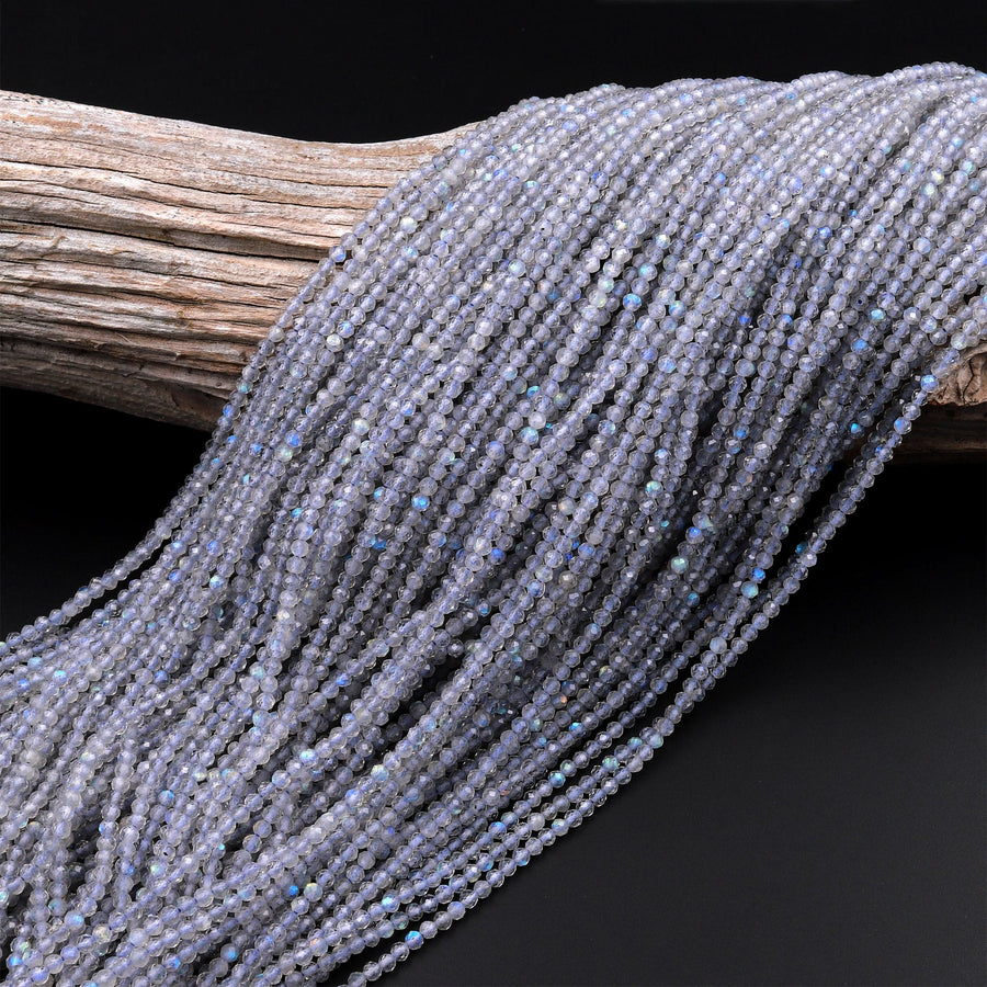 AAA Micro Faceted Natural Labradorite 2mm 3mm 4mm Round Beads 15.5" Strand