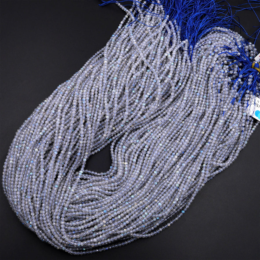 AAA Micro Faceted Natural Labradorite 2mm 3mm 4mm Round Beads 15.5" Strand