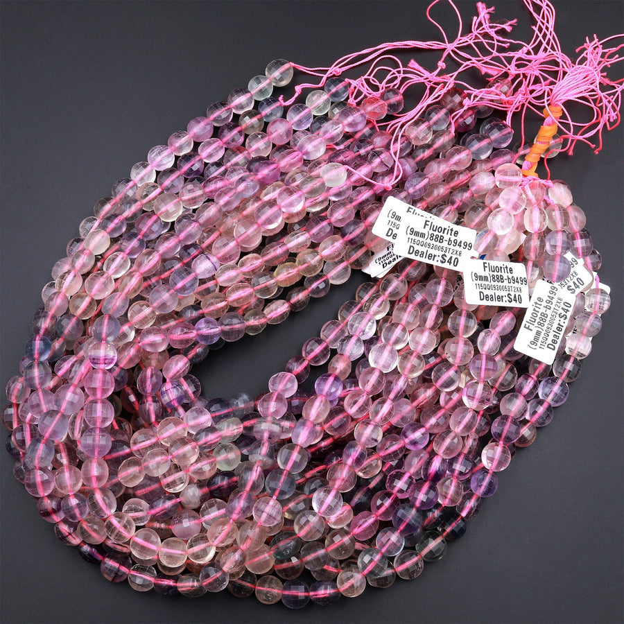 Faceted Natural Fluorite 10mm Coin Beads 15.5" Strand