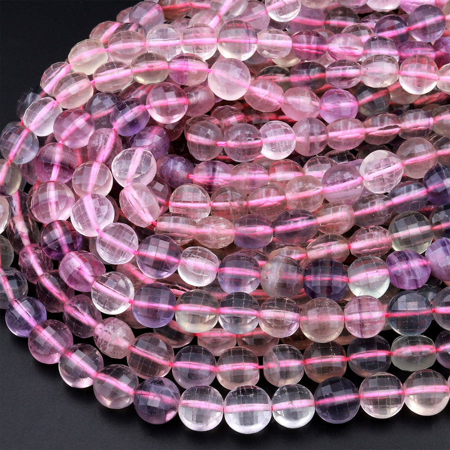 Faceted Natural Fluorite 10mm Coin Beads 15.5" Strand