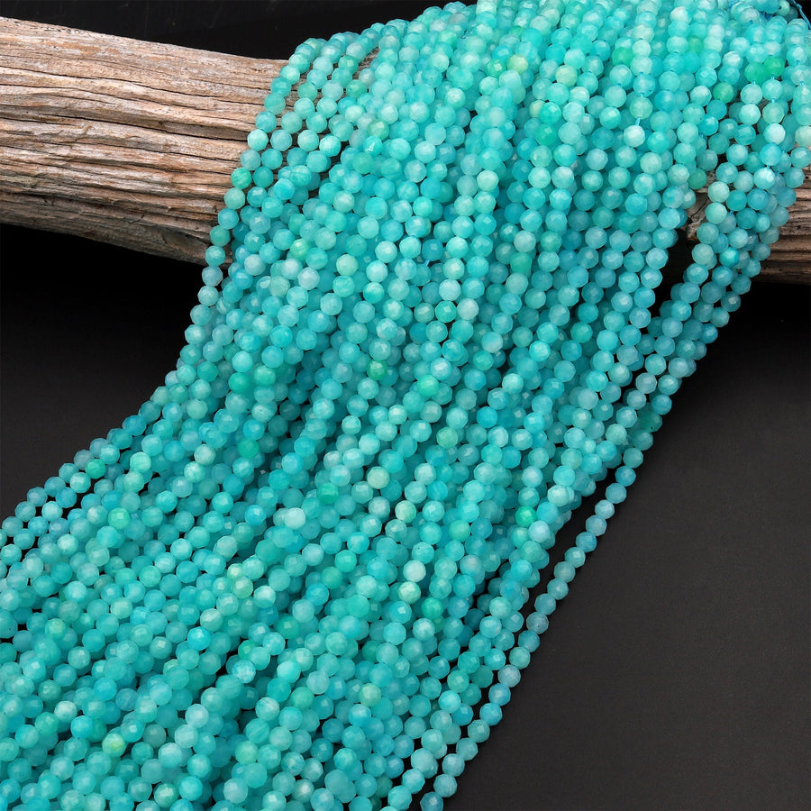 AAA Peruvian Amazonite 2mm 3mm 4mm 6mm Faceted Round Beads Natural Sea Blue Gemstone Micro Laser Diamond Cut 15.5" Strand