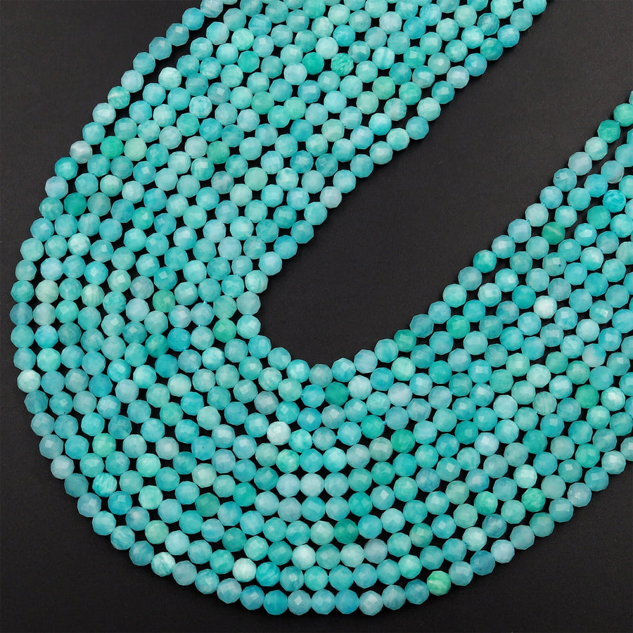 AAA Peruvian Amazonite 2mm 3mm 4mm 6mm Faceted Round Beads Natural Sea Blue Gemstone Micro Laser Diamond Cut 15.5" Strand