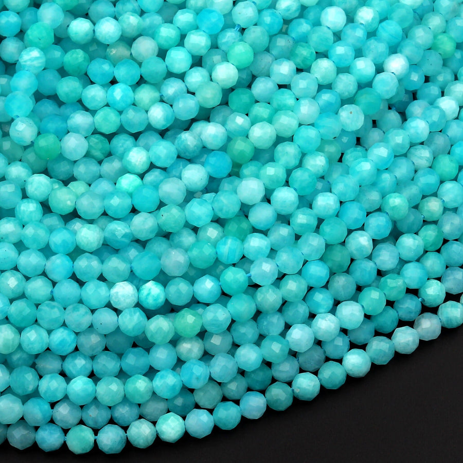 AAA Peruvian Amazonite 2mm 3mm 4mm 6mm Faceted Round Beads Natural Sea Blue Gemstone Micro Laser Diamond Cut 15.5" Strand