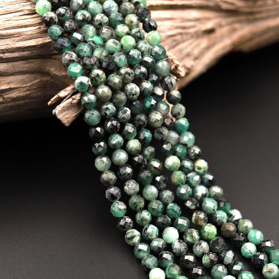 Real Genuine Natural Green Emerald Gemstone Faceted 3mm 4mm 5mm Round Beads Laser Diamond Cut Gemstone May Birthstone 15.5" Strand