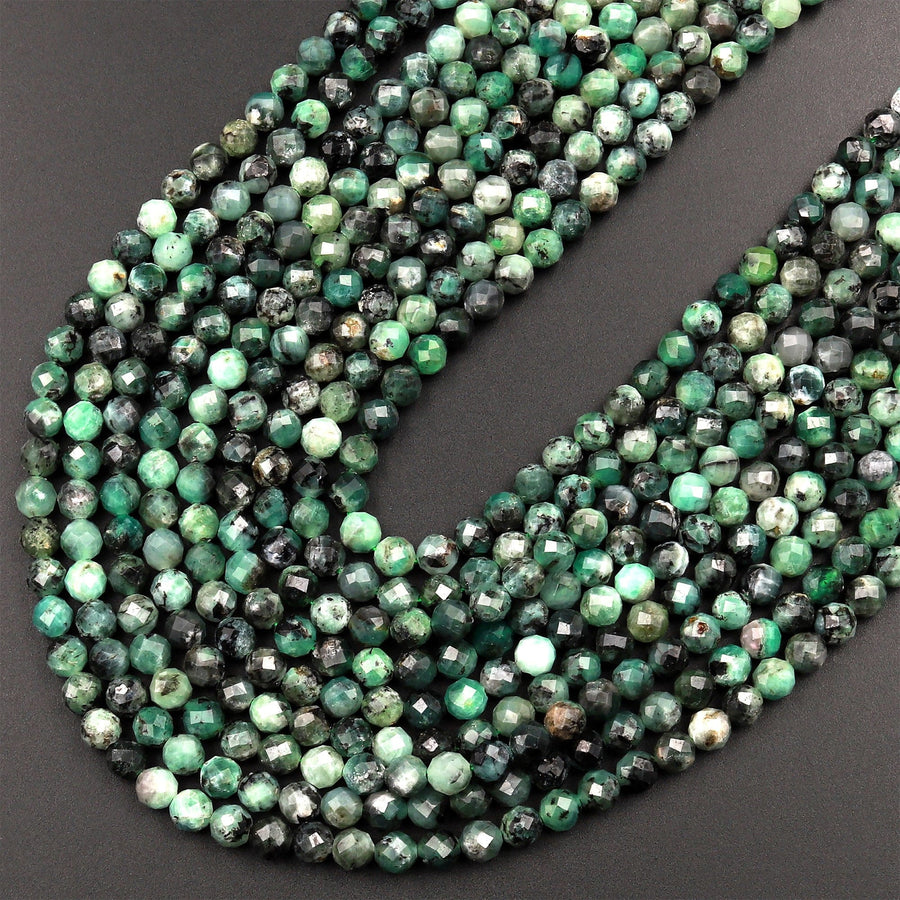 Real Genuine Natural Green Emerald Gemstone Faceted 3mm 4mm 5mm Round Beads Laser Diamond Cut Gemstone May Birthstone 15.5" Strand