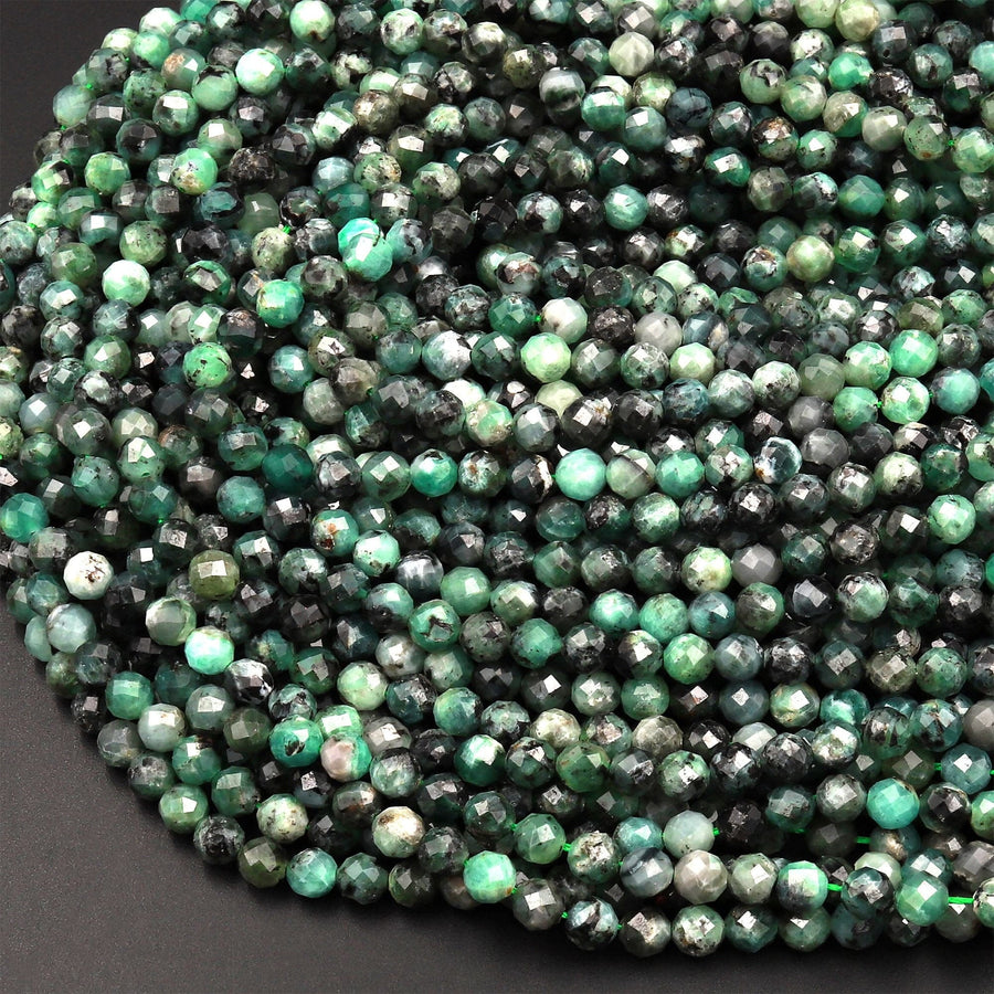 Real Genuine Natural Green Emerald Gemstone Faceted 3mm 4mm 5mm Round Beads Laser Diamond Cut Gemstone May Birthstone 15.5" Strand