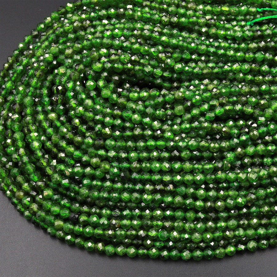 Real Genuine Natural Green Chrome Diopside Faceted 2mm 3mm 4mm Round Gemstone Beads 15.5" Strand