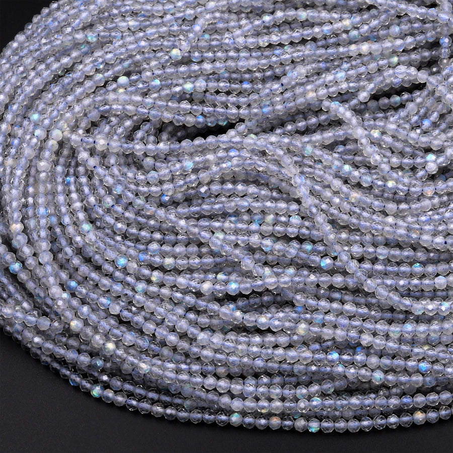 AAA Micro Faceted Natural Labradorite 2mm 3mm 4mm Round Beads 15.5" Strand