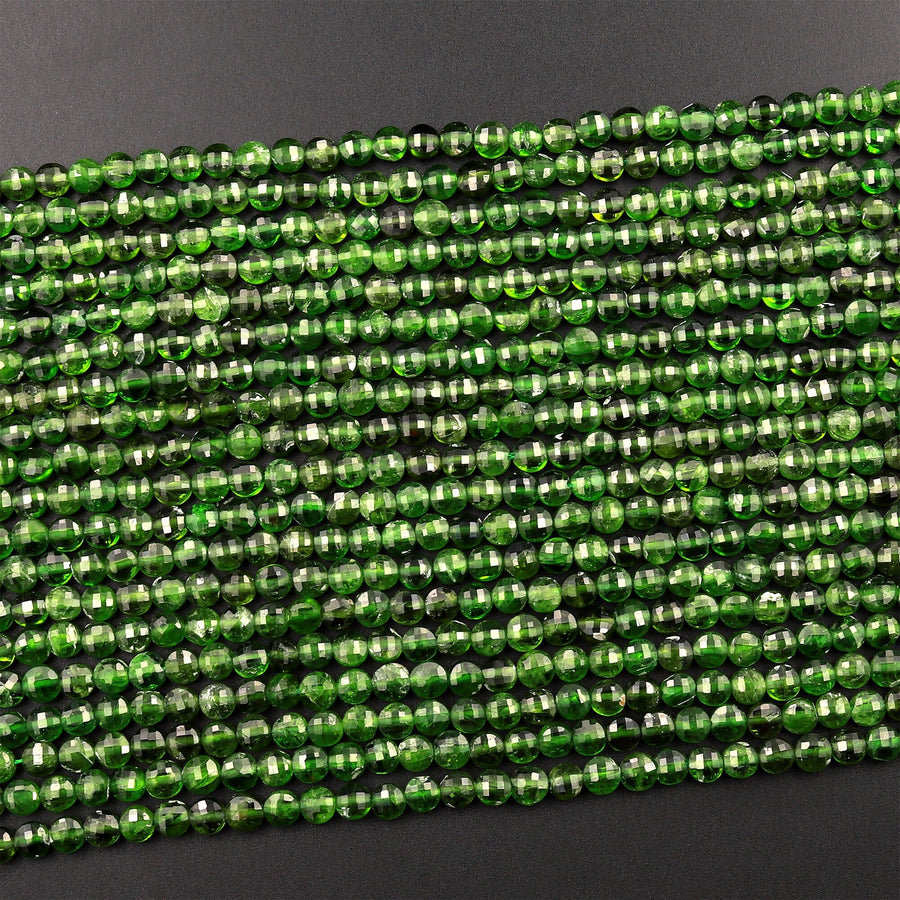 Real Genuine Natural Green Chrome Diopside Faceted 4mm Coin Gemstone Beads 15.5" Strand