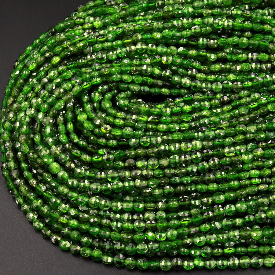 Real Genuine Natural Green Chrome Diopside Faceted 4mm Coin Gemstone Beads 15.5" Strand