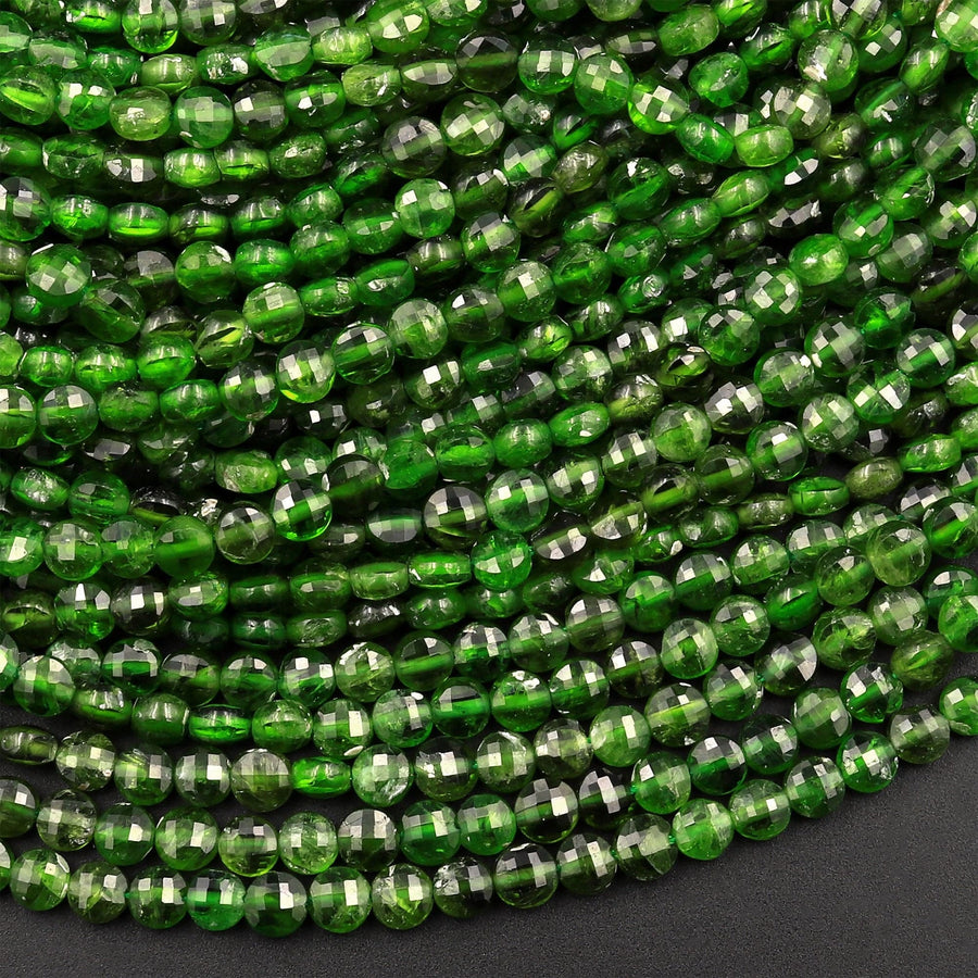 Real Genuine Natural Green Chrome Diopside Faceted 4mm Coin Gemstone Beads 15.5" Strand