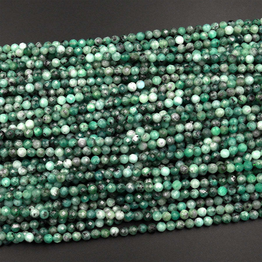 Real Genuine Natural Green Emerald Gemstone Faceted 2mm 3mm 4mm 6mm Round Beads Laser Diamond Cut Gemstone May Birthstone 15.5" Strand