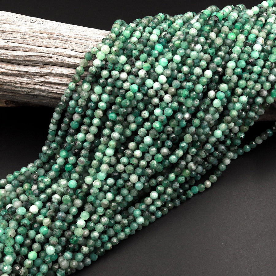 Real Genuine Natural Green Emerald Gemstone Faceted 2mm 3mm 4mm 6mm Round Beads Laser Diamond Cut Gemstone May Birthstone 15.5" Strand