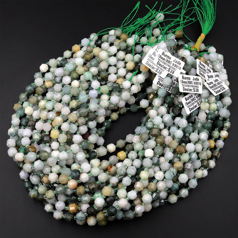 Faceted Natural Burma Green Jade 6mm 8mm Beads Energy Prism Double Terminated Point Cut 15.5" Strand