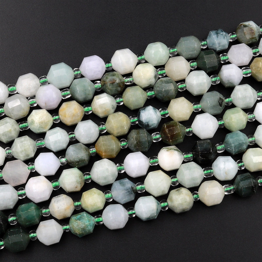 Faceted Natural Burma Green Jade 6mm 8mm Beads Energy Prism Double Terminated Point Cut 15.5" Strand