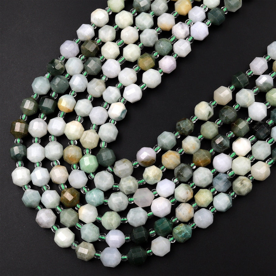 Faceted Natural Burma Green Jade 6mm 8mm Beads Energy Prism Double Terminated Point Cut 15.5" Strand