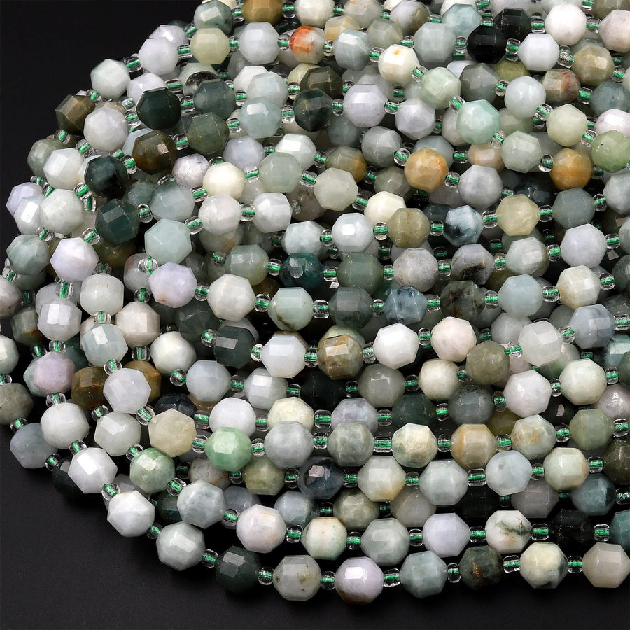 Faceted Natural Burma Green Jade 6mm 8mm Beads Energy Prism Double Terminated Point Cut 15.5" Strand