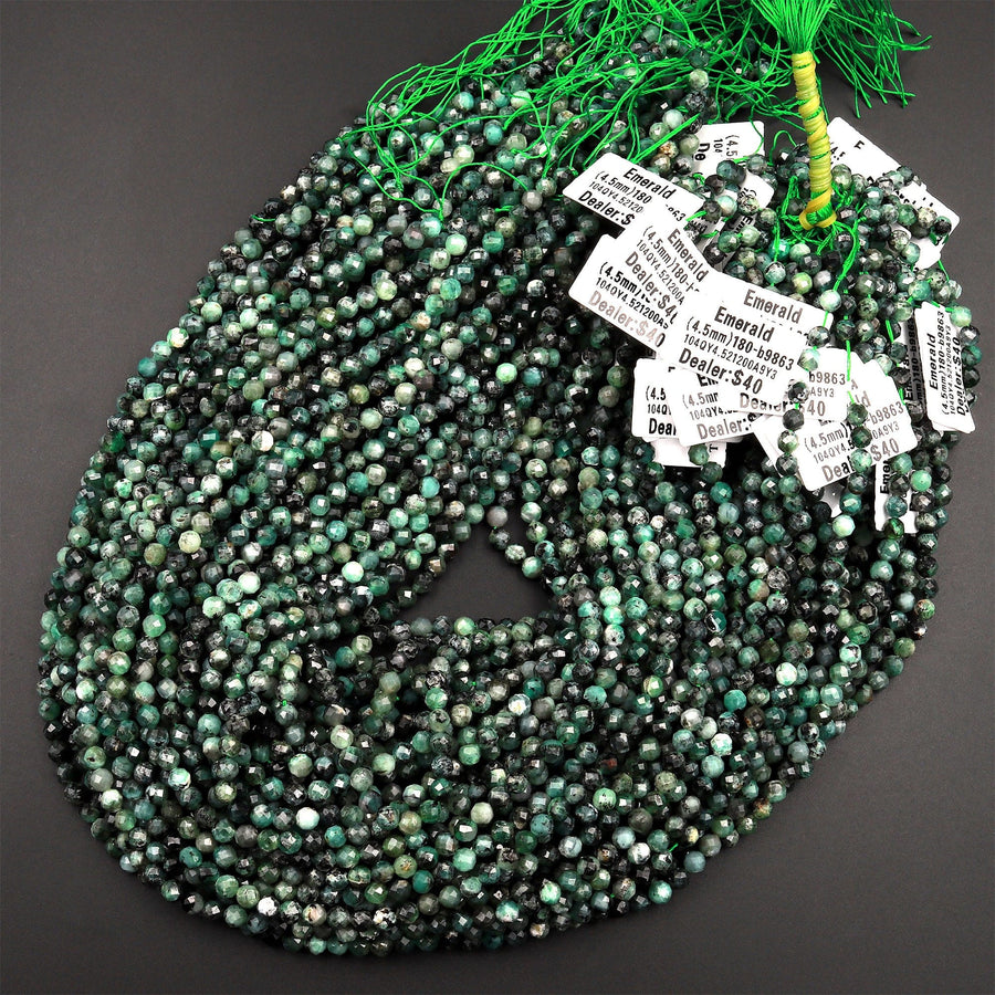 Real Genuine Natural Green Emerald Gemstone Faceted 3mm 4mm 5mm Round Beads Laser Diamond Cut Gemstone May Birthstone 15.5" Strand