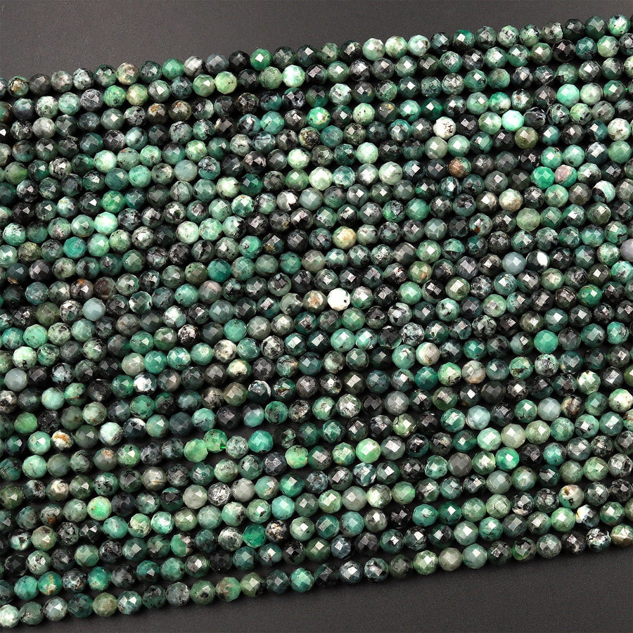Real Genuine Natural Green Emerald Gemstone Faceted 3mm 4mm 5mm Round Beads Laser Diamond Cut Gemstone May Birthstone 15.5" Strand