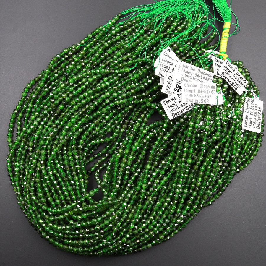 Real Genuine Natural Green Chrome Diopside Faceted 2mm 3mm 4mm Round Gemstone Beads 15.5" Strand