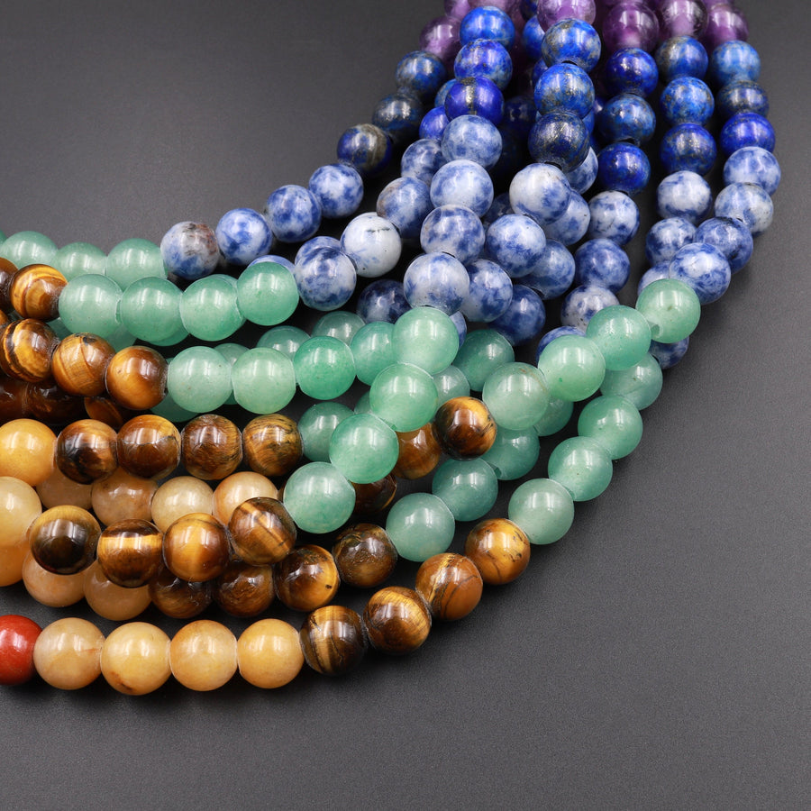 Large Hole Beads 2.5mm Drill Natural Chakra Beads 8mm 10mm Round Seven Rainbow Gemstone  9" Strand