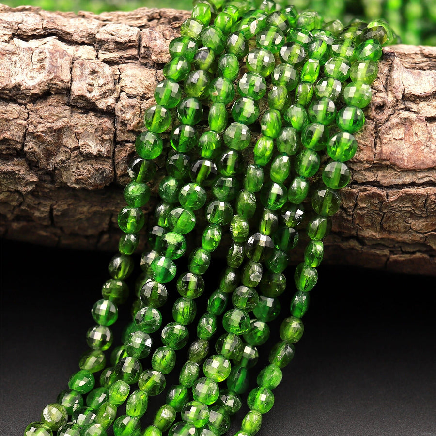 Real Genuine Natural Green Chrome Diopside Faceted 4mm Coin Gemstone Beads 15.5" Strand