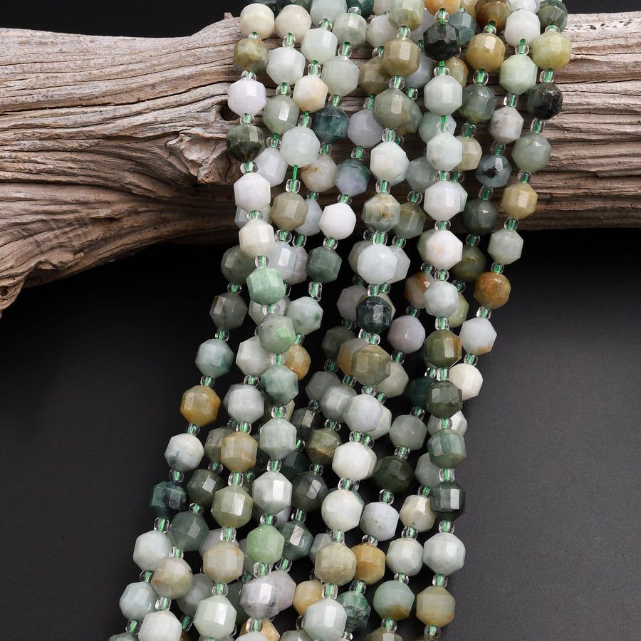 Faceted Natural Burma Green Jade 6mm 8mm Beads Energy Prism Double Terminated Point Cut 15.5" Strand