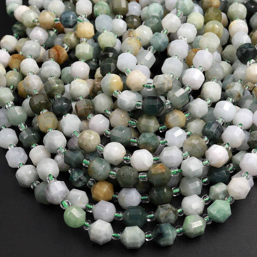 Faceted Natural Burma Green Jade 6mm 8mm Beads Energy Prism Double Terminated Point Cut 15.5" Strand