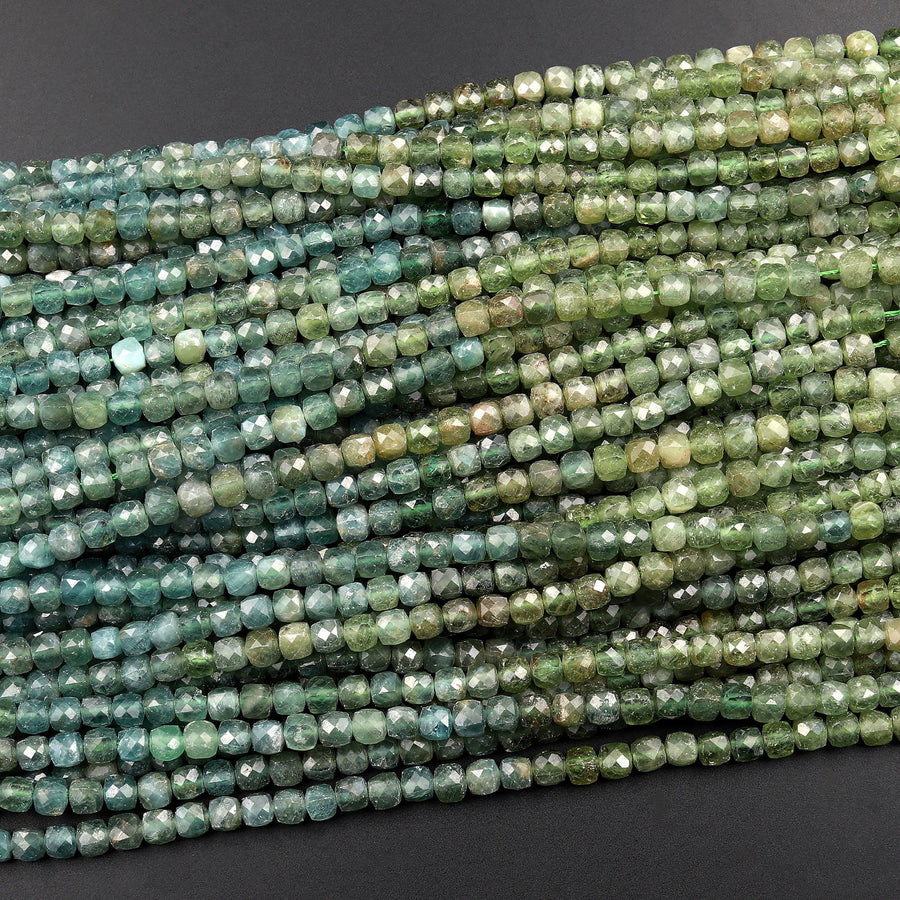 Natural Green Apatite  Micro Faceted 4mm 5mm Cube Dice Square Beads 15.5" Strand