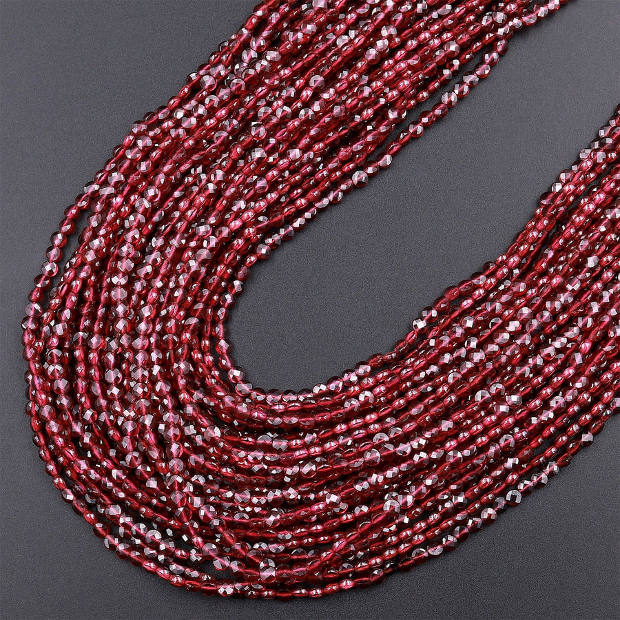 AAA Faceted Natural Red Garnet Coin Beads 2mm 3mm 4mm Flat Disc Dazzling Micro Diamond Cut 15.5" Strand