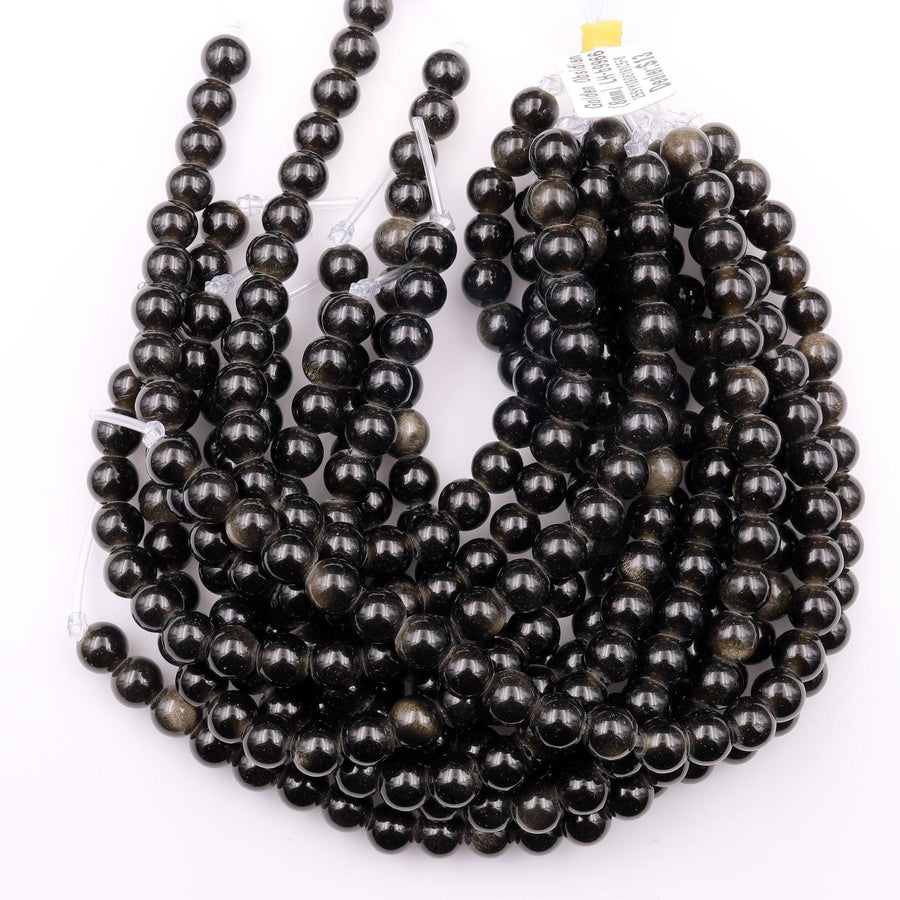 Large Hole Beads 2.5mm Drill Natural Golden Obsidian 8mm 10mm Round Beads 8" Strand