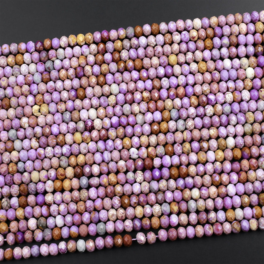 Natural Phosphosiderite Faceted 3mm 4mm 6mm Rondelle Beads Micro Faceted Gemstone Genuine Lilac Purple Brown Stone 15.5" Strand