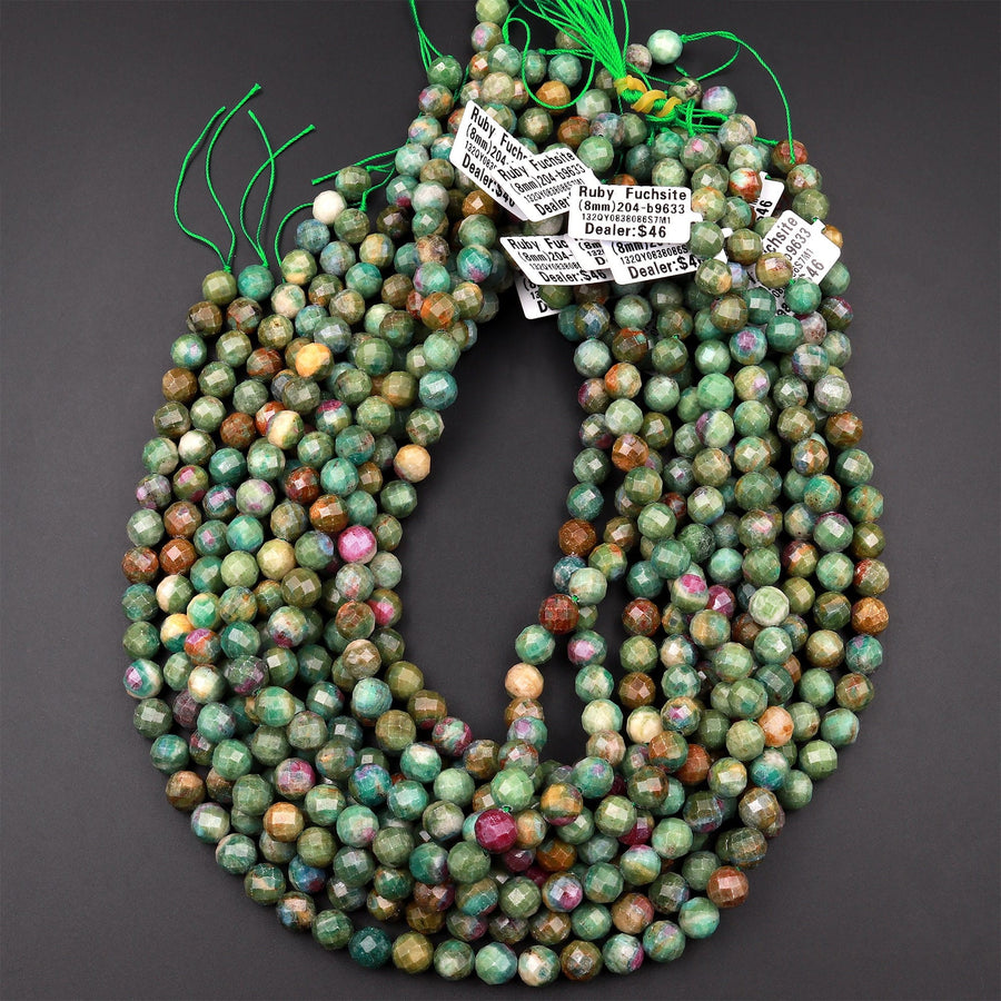 Natural Ruby Fuchsite Faceted Round 6mm 8mm Red Ruby Green Fuchsite Gemstone Fuschite 15.5" Strand