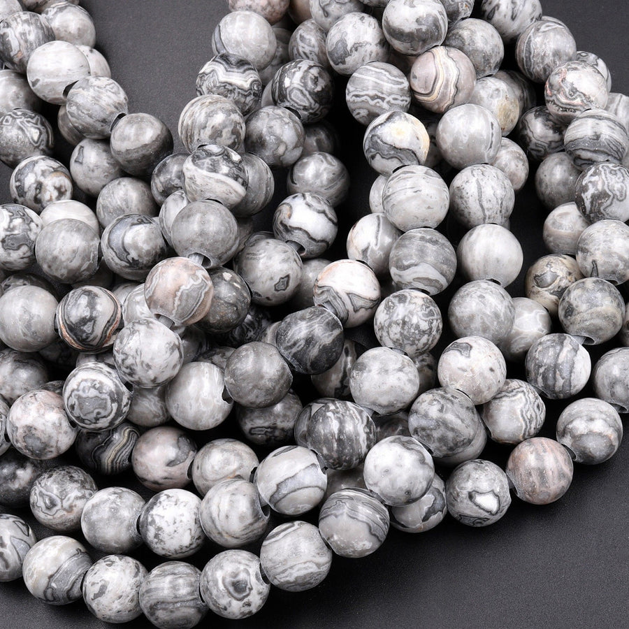 Large Hole Beads 2.5mm Drill Natural Gray Map Jasper 8mm 10mm Round Beads 8" Strand