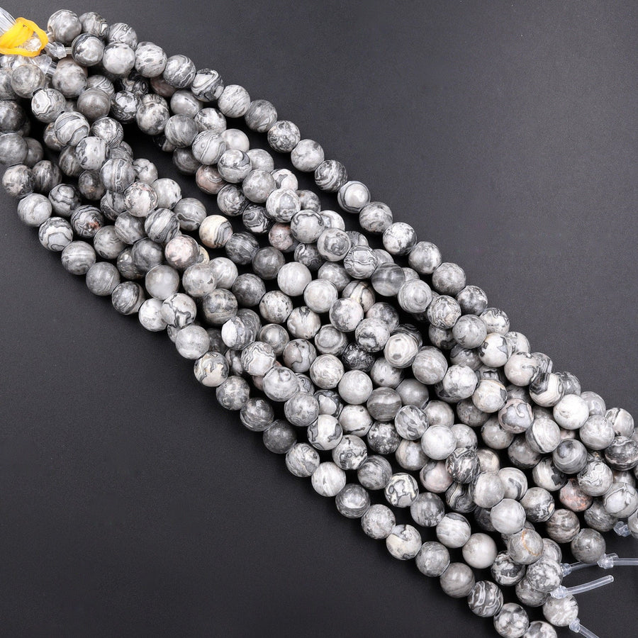 Large Hole Beads 2.5mm Drill Natural Gray Map Jasper 8mm 10mm Round Beads 8" Strand