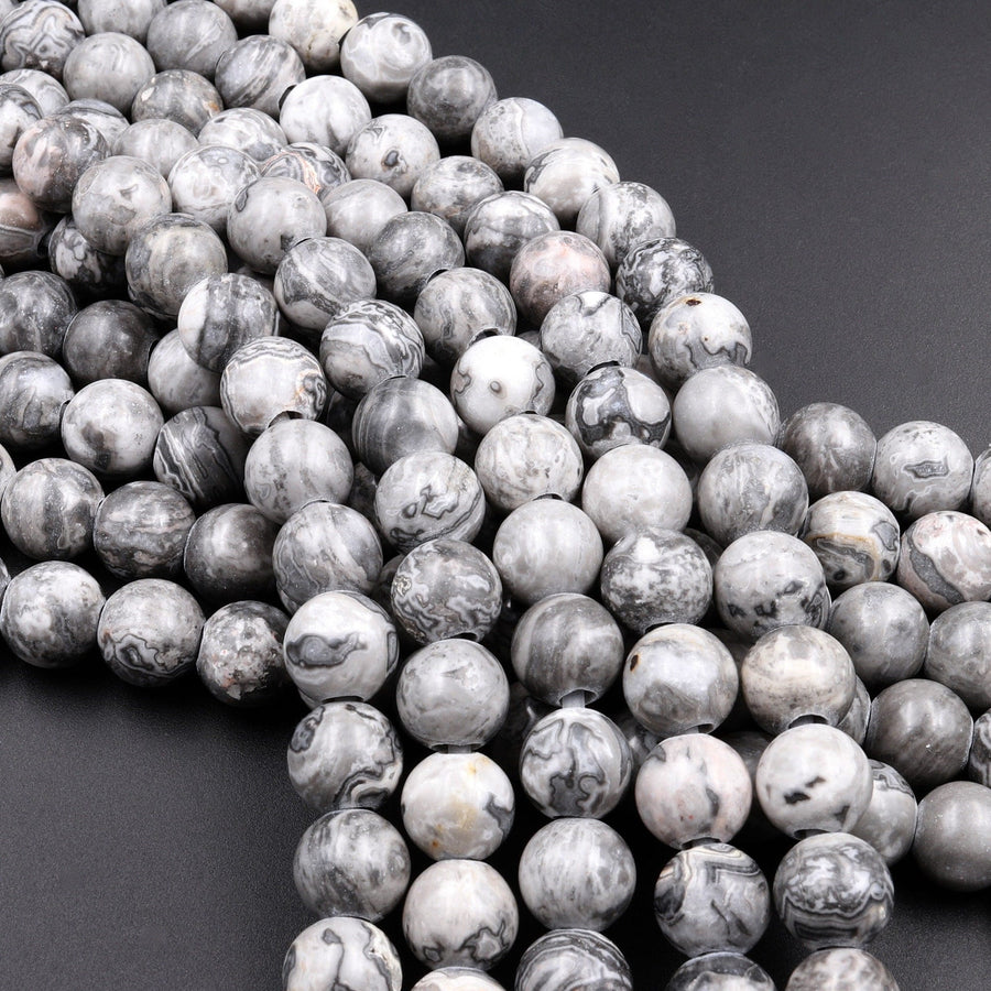 Large Hole Beads 2.5mm Drill Natural Gray Map Jasper 8mm 10mm Round Beads 8" Strand