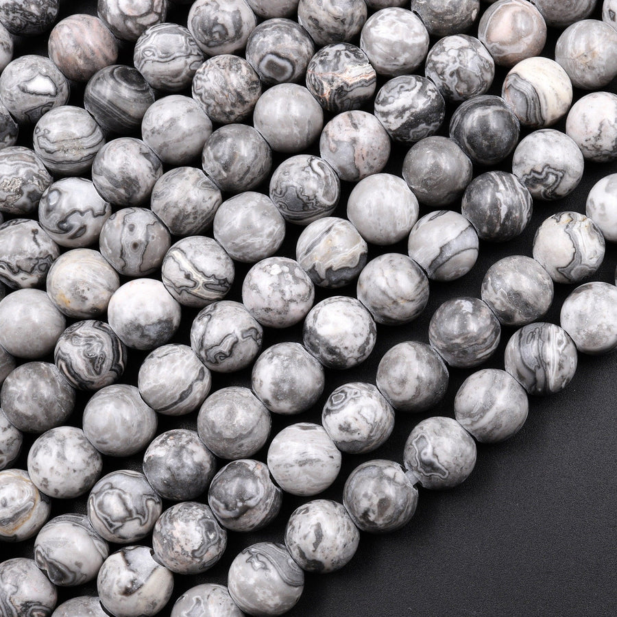 Large Hole Beads 2.5mm Drill Natural Gray Map Jasper 8mm 10mm Round Beads 8" Strand