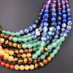 Large Hole Beads 2.5mm Drill Natural Chakra Beads 8mm 10mm Round Seven Rainbow Gemstone  9" Strand