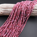 Faceted Natural Pink Tourmaline 3mm 4mm 5mm 6mm Round Beads Micro Diamond Cut Gemstone 15.5" Strand