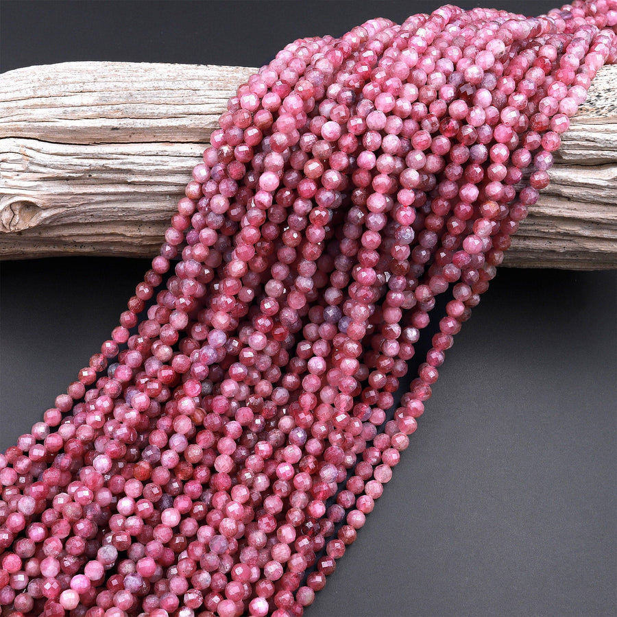 Faceted Natural Pink Tourmaline 3mm 4mm 5mm 6mm Round Beads Micro Diamond Cut Gemstone 15.5" Strand