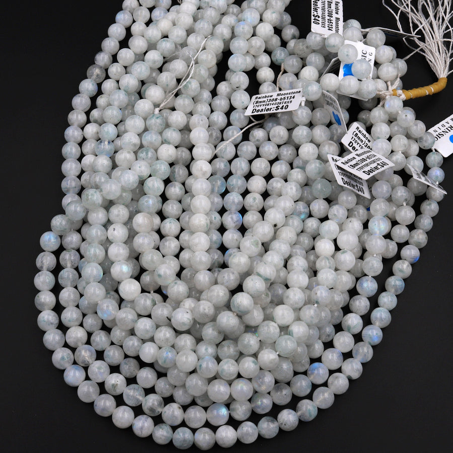 Natural Rainbow Moonstone 4mm 6mm 8mm 12mm Round Beads Tinted Green Color 15.5" Strand
