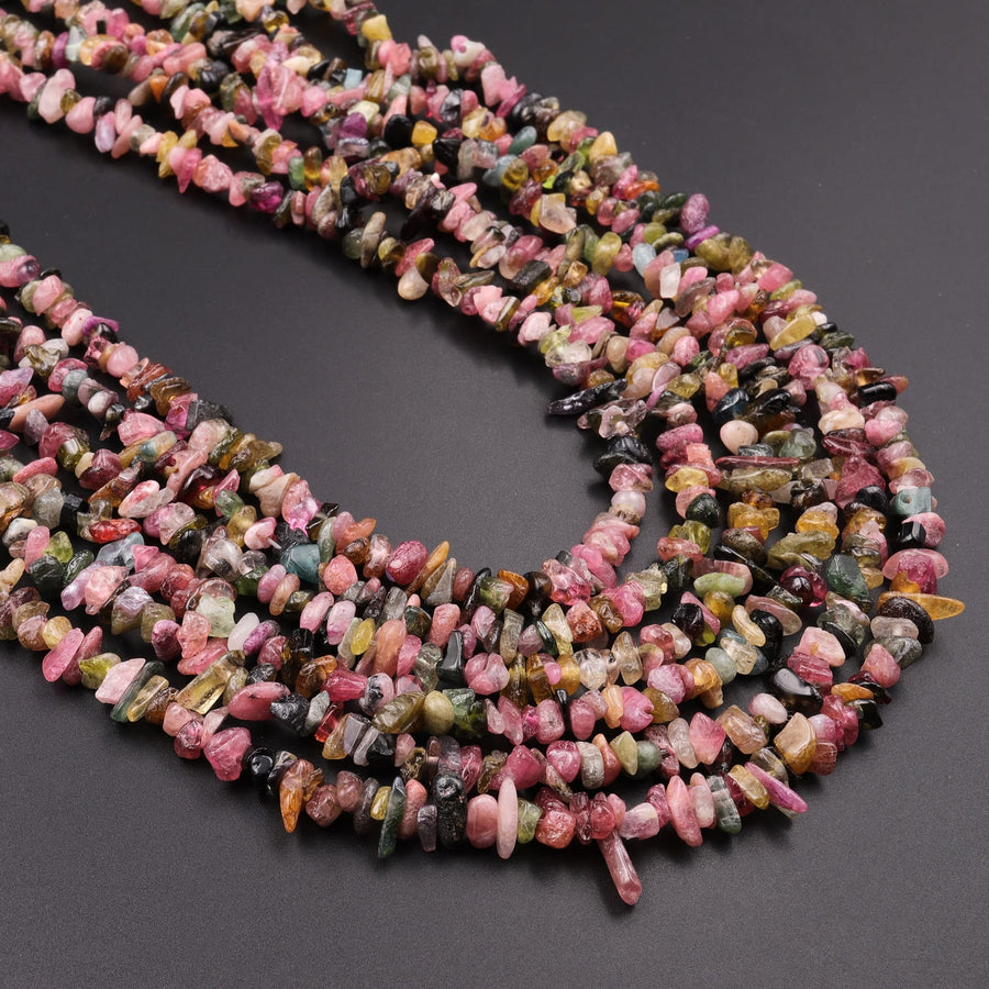 Natural Multicolor Green Pink Yellow Tourmaline Freeform Chip Pebble Nugget Beads Gemstone 15.5" Strand