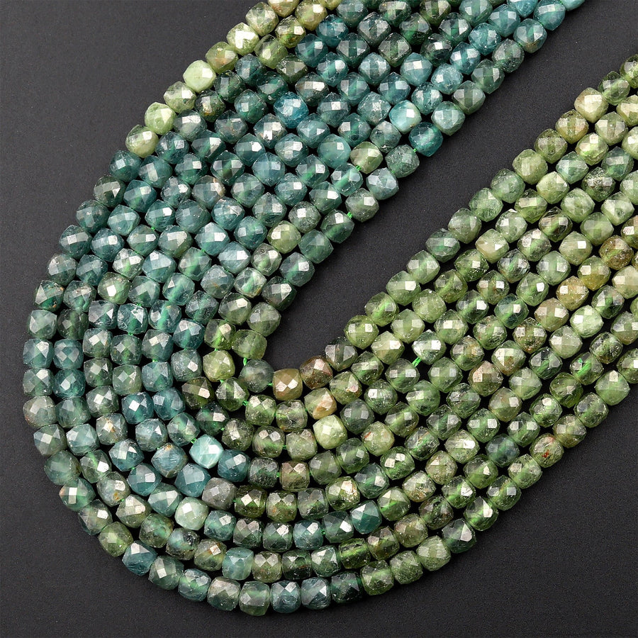 Natural Green Apatite  Micro Faceted 4mm 5mm Cube Dice Square Beads 15.5" Strand
