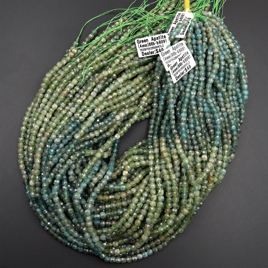 Natural Green Apatite  Micro Faceted 4mm 5mm Cube Dice Square Beads 15.5" Strand